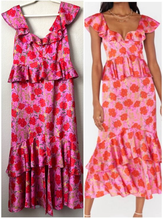 Show Me Your MuMu Dresses & Skirts - Show Me Your MuMu Pink + Red Floral Ruffle Midi Dress